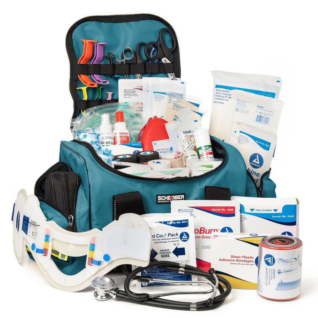 Scherber First Responder Fully-Stocked Large Professional Essentials EMT/EMS Trauma Kit | HSA/FSA Approved | Reflective Bag w/8 Zippered Pockets & Compartments & 250+ First Aid Supplies (Blue)