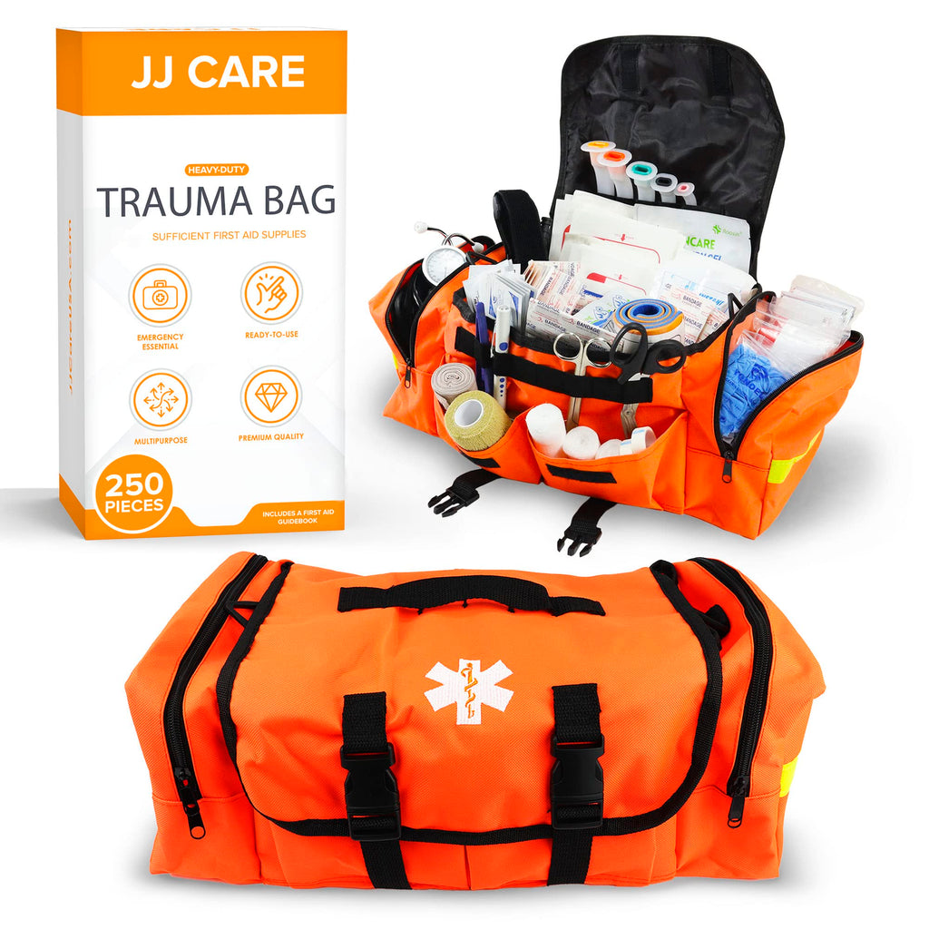 JJ CARE Trauma Bag 250PCS First Responder Kit EMT Bag with Padded Strap Reflective Medical Bag Fully Stocked Multiple Pockets EMS EMT Bags Fully Stocked First Aid Trauma Bags Fully Stocked