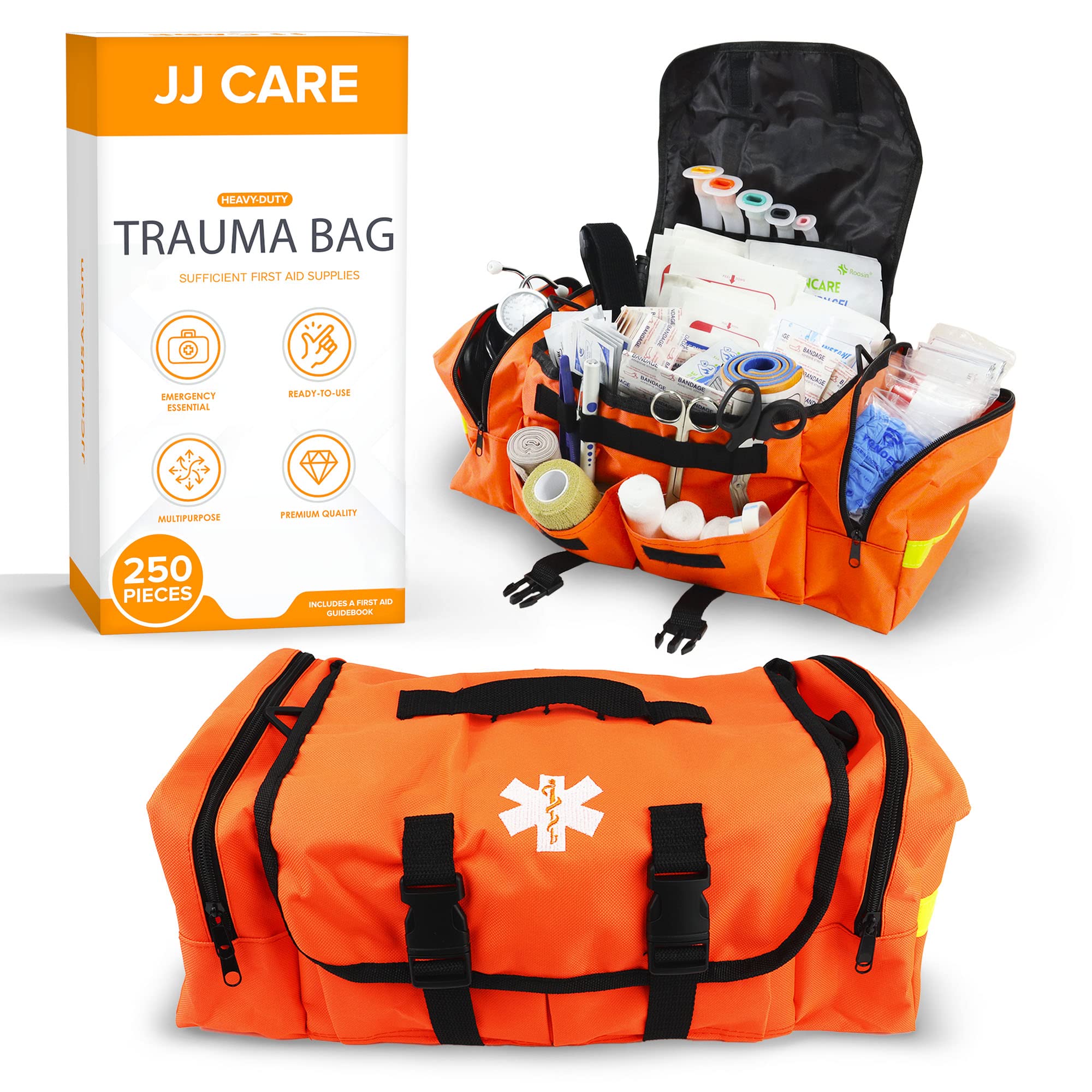 JJ CARE Trauma Bag 250PCS First Responder Kit EMT Bag with Padded Strap Reflective Medical Bag Fully Stocked Multiple Pockets EMS EMT Bags Fully Stocked First Aid Trauma Bags Fully Stocked