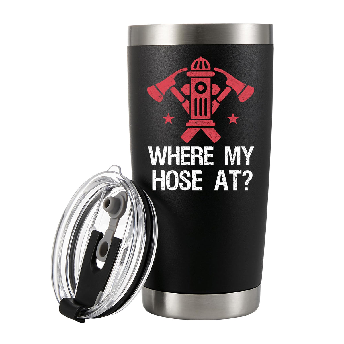 Panvola Where My Hose At Firefighter Firemen Firewomen Firefighters Gift Vacuum Insulated Tumbler with Lid and Straw Funny Stainless Steel Drinkware 20 oz Black