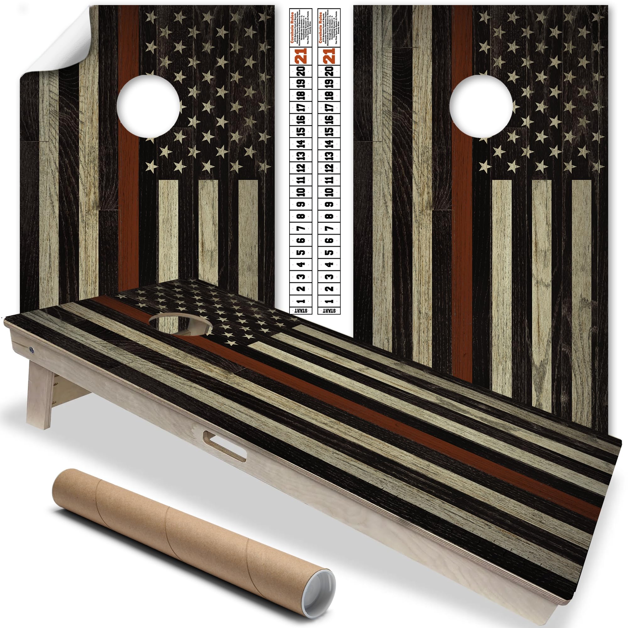 Cornhole Board Wraps and Decals for Boards Set of 2 Skins Professional Vinyl Covers Sticker - Firefighter Red Line American Flag Fire Department Decal (Fire Fighter Support Flag)