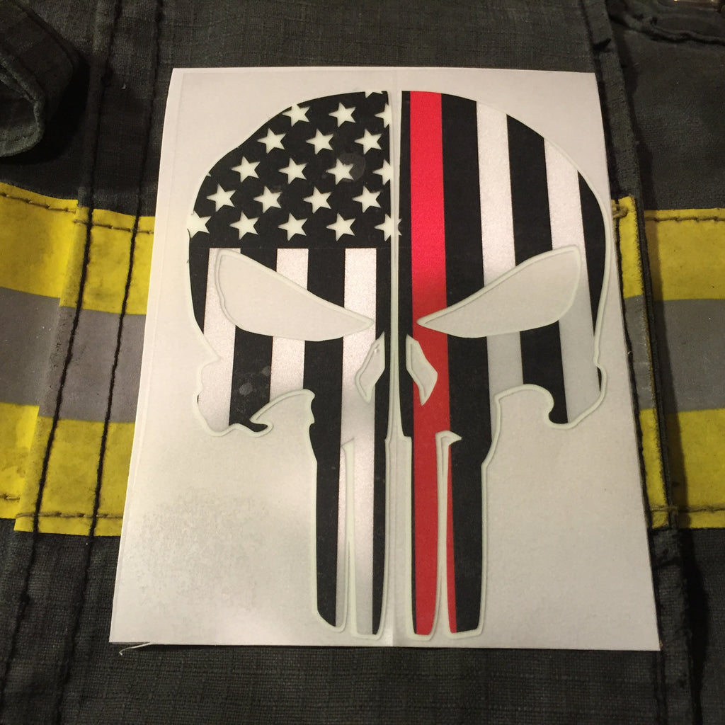 THIN RED LINE FLAG PUNISHER SKULL REAR HELMET REFLECTIVE/GLOW IN THE DARK STARS & STRIPES/OUTLINE  HELMET DECAL