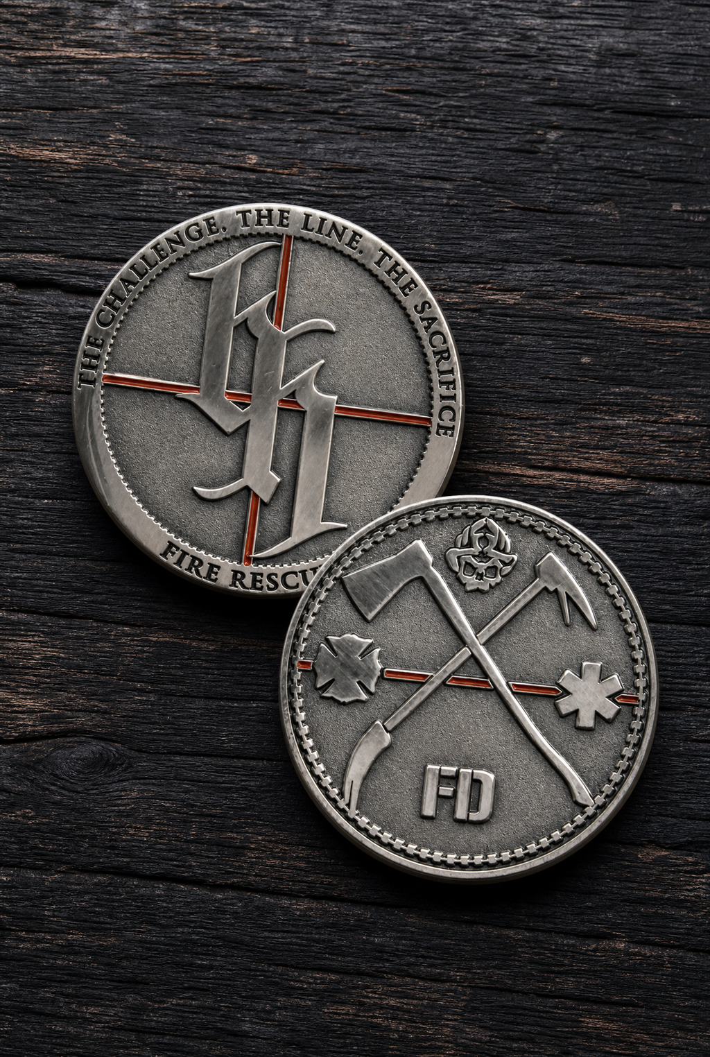 The Challenge, The Line, The Sacrifice. Thin Red Line Fire Rescue Challenge Coin