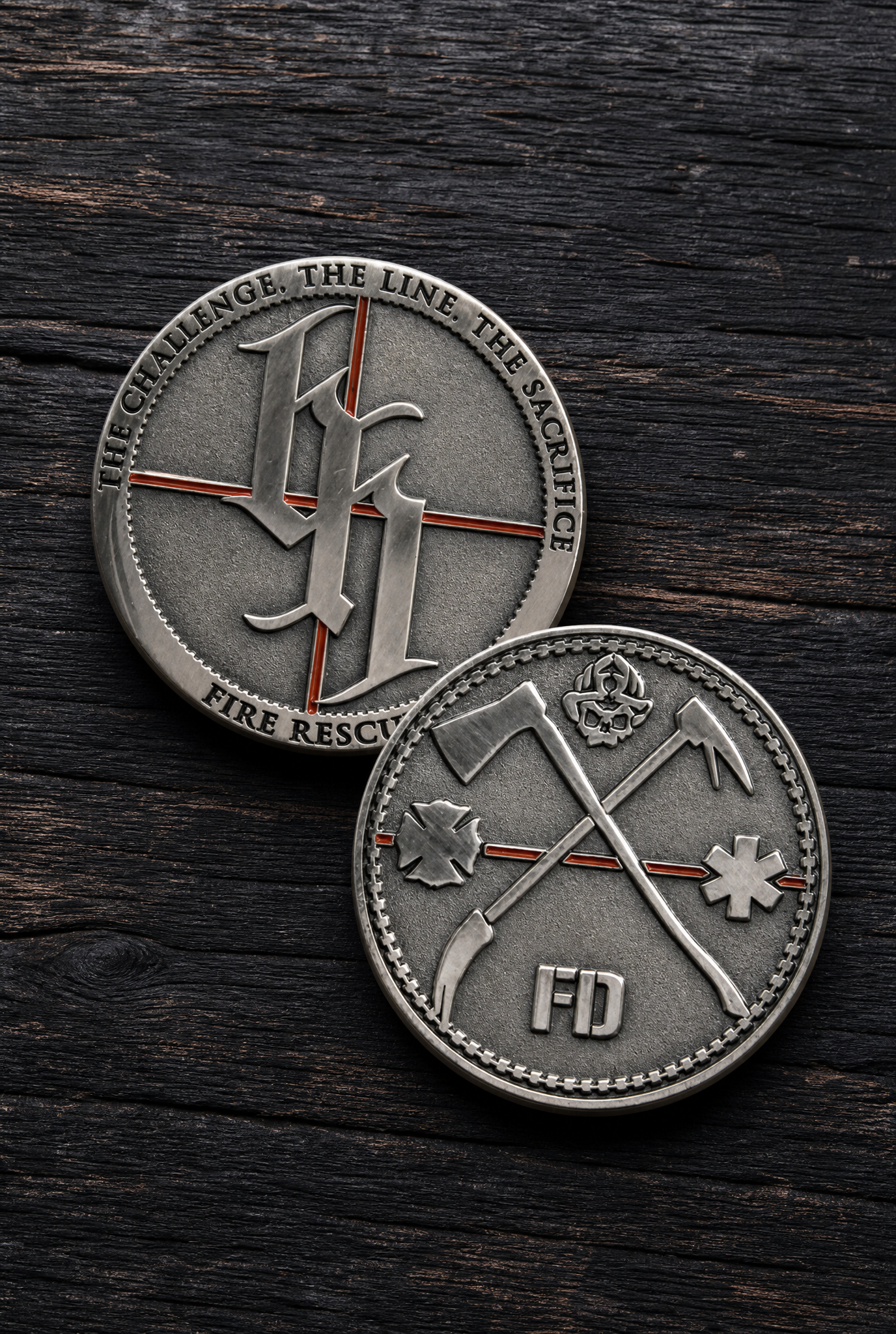 The Challenge, The Line, The Sacrifice. Thin Red Line Fire Rescue Challenge Coin