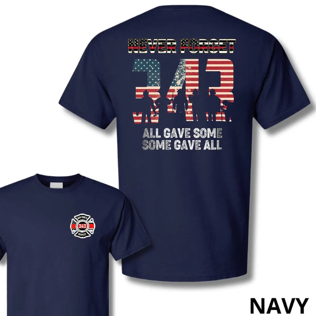 "Never Forget 343" 9/11 Memorial Firefighter T-Shirt – American Flag Tribute Tee